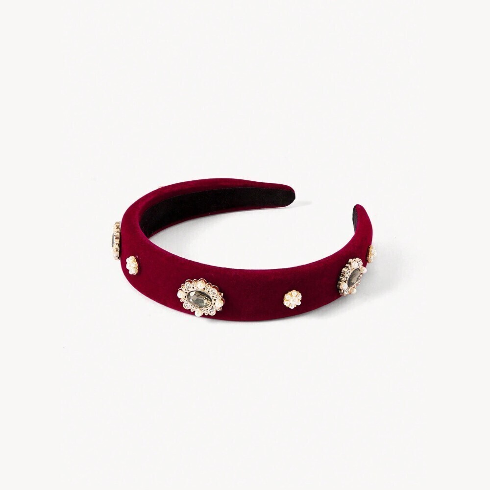 Burgundy Velvet Pearl Rhinestone Cluster Wide Headband
